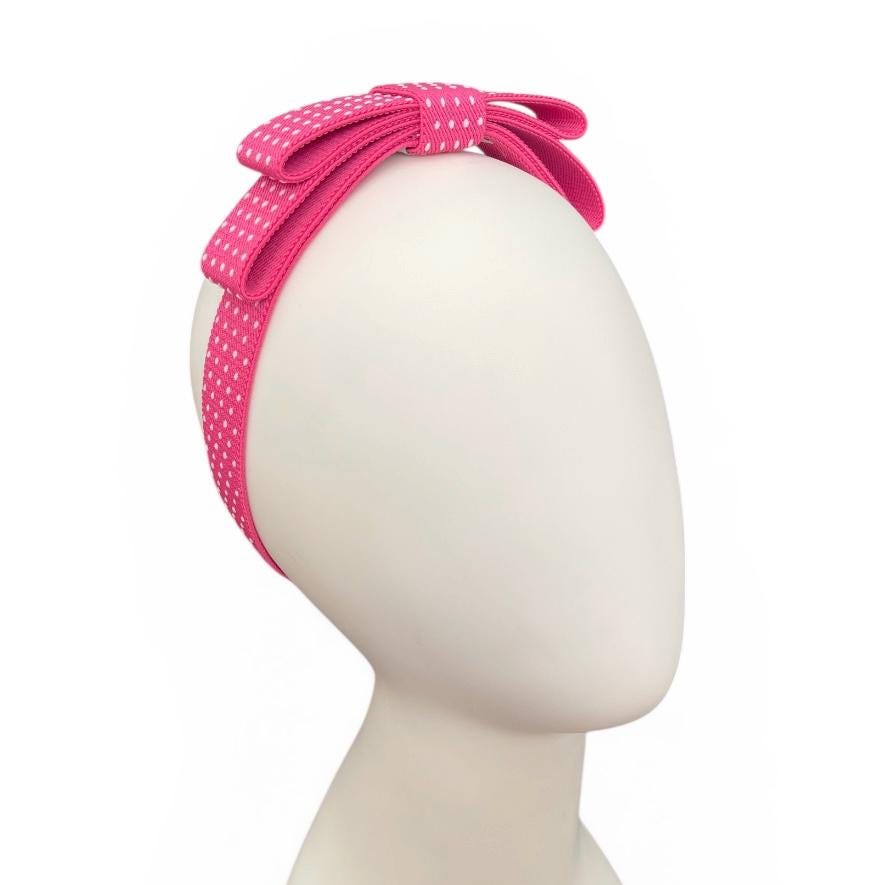 Pink Polka Dotted Double Bow Elastic Headband | Bow Headband | Ribbon ...