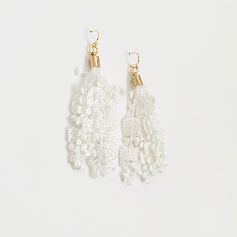 Lace Tassel Earrings 14k Gold Bridal Earrings Statement Earrings White Earrings image 3