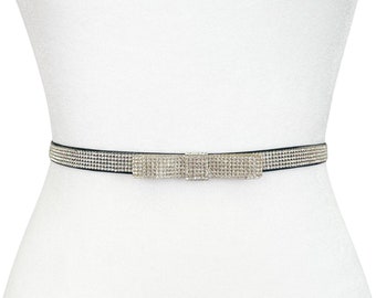 Glamour Skinny Rhinestone Bow Belt | Black | Formal Belt | Bridal Belt | Bridesmaid belt | Wedding Belt | Luxury Belt