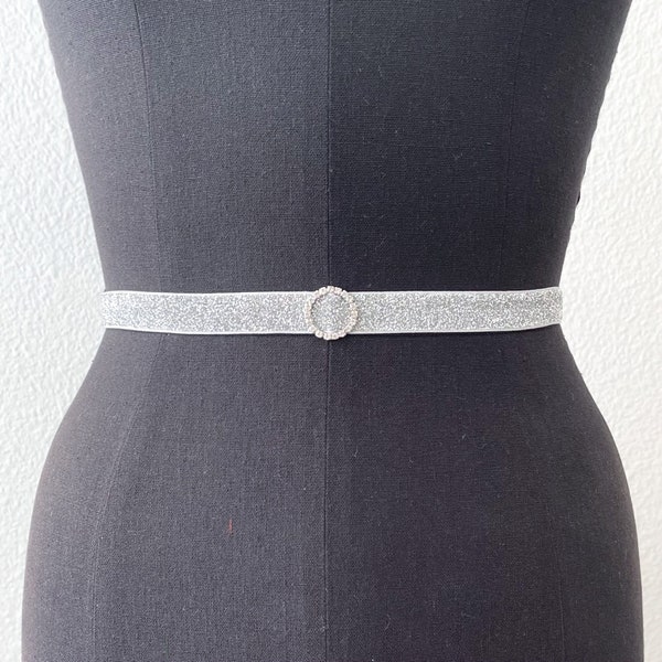 Sparkle Elastic Belt with Round Rhinestone Buckle | 10 Colors | Skinny Belt | Evening Belt | Formal Belt | Glitter Belt | Bridal Belt