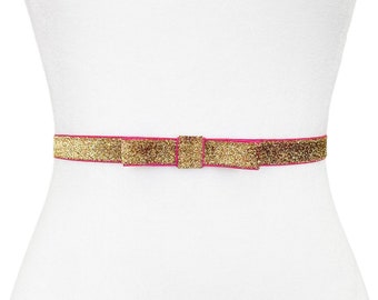 Goldie Sparkle Elastic Bow Belt | Elastic Belt | 3/4” Belt | Evening Belt | Formal Belt | Glitter Belt | Made in USA | Fuchsia Pink Belt