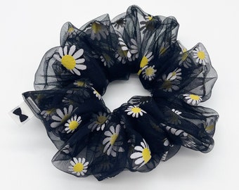 Black Daisy Tulle Scrunchie | 2 Sizes | Oversized Hair Ties | Flower Scrunchies | Spring Accessories | Gardener Gift