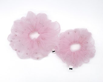 Pink Pearls and Tulle Scrunchies | 3 Colors | 2 Sizes  display picture 3