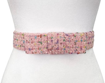 Pink Tweed Ribbon Bow Belt | Elastic Belt | Designer Belt | Luxury Belt | Vintage Belt | Gift for Her | Preppy Belt | Easter