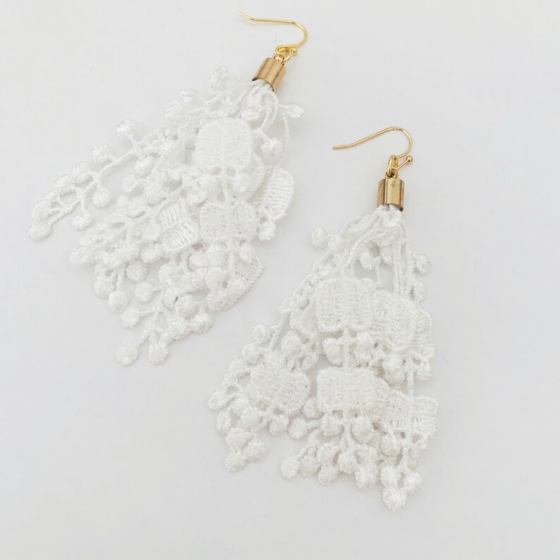 Lace Tassel Earrings 14k Gold Bridal Earrings Statement Earrings White Earrings image 2