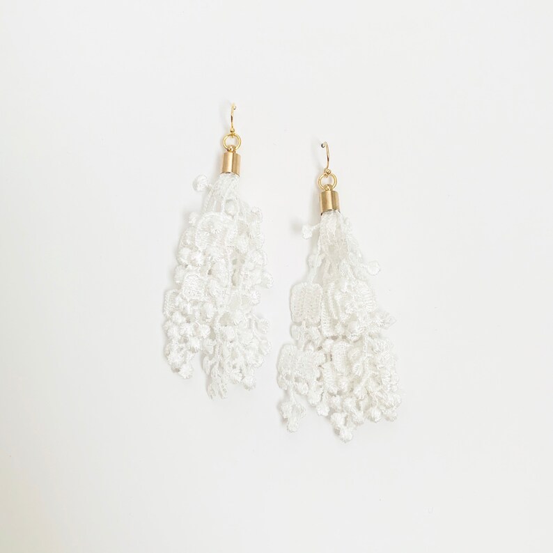 Lace Tassel Earrings 14k Gold Bridal Earrings Statement Earrings White Earrings image 4