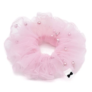 Pink Pearls and Tulle Scrunchies | 3 Colors | 2 Sizes | Bridal Hair Piece | Oversized Hair Ties | Beaded Hair Ties