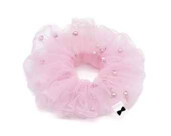 Pink Pearls and Tulle Scrunchies | 3 Colors | 2 Sizes | Bridal Hair Piece | Oversized Hair Ties | Beaded Hair Ties