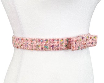 Pink Tweed Ribbon Bow Belt | Skinny Belt | Elastic Belt | Designer Belt | Luxury Belt | Vintage Belt | Gift for Her | Preppy Belt | Easter