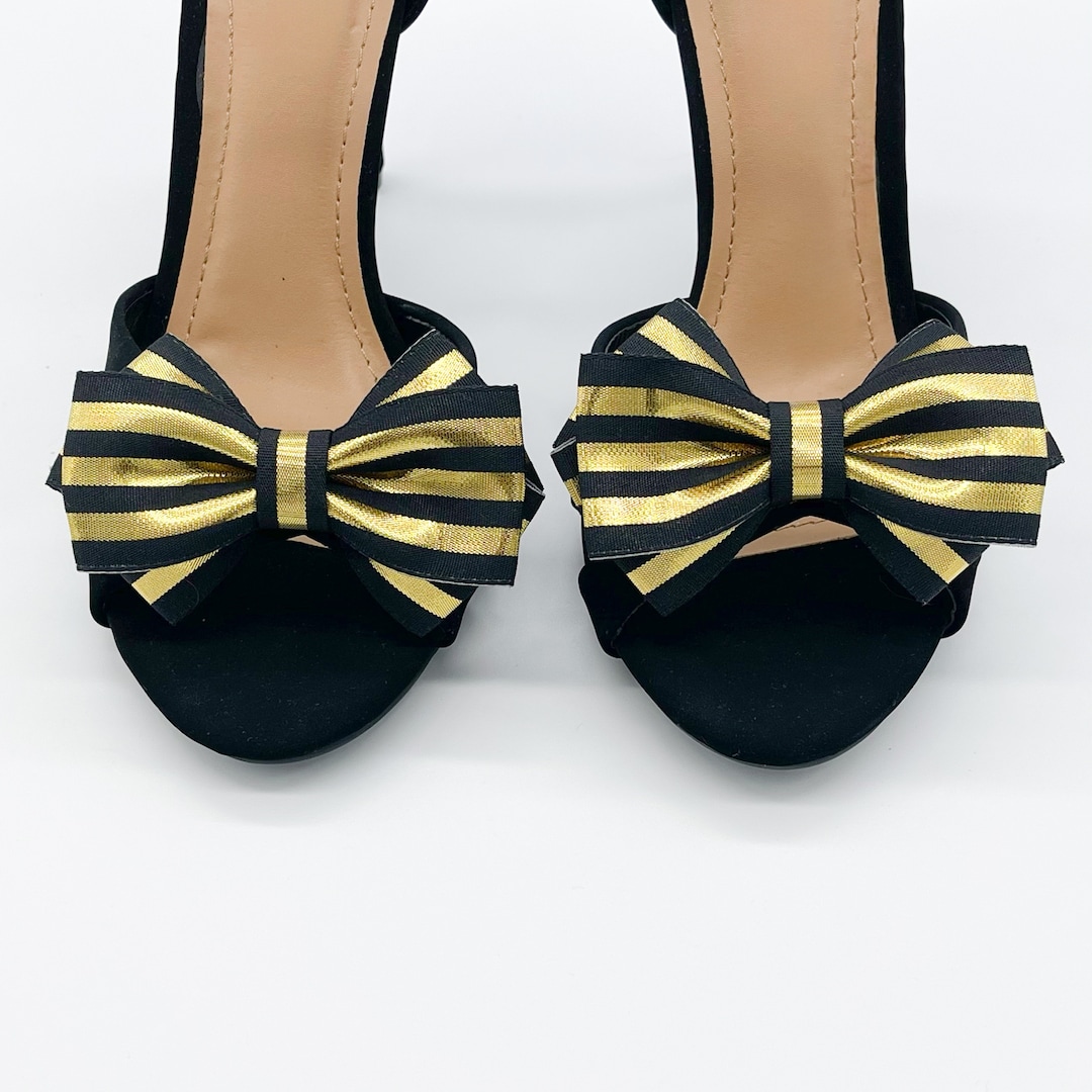 Gold Black Bow Shoe Clips Wedding Shoes Vintage Shoes Bridal Shoes