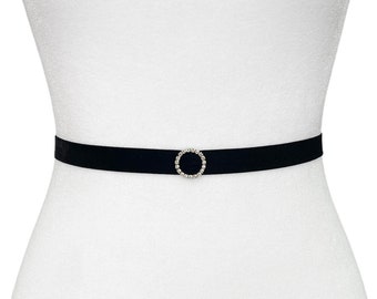 Velvet Elastic Belt with Round Rhinestone Buckle | 5 Colors | Skinny Belt | Evening Belt | Formal Belt | Simply Belt | Bridal Belt