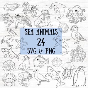 May include: A collection of line drawings of marine life, such as a lobster, dolphin, octopus, and shark. The image includes the text "SEA ANIMALS 24 SVG & PNG" within a blue rectangle, suitable for creative projects.