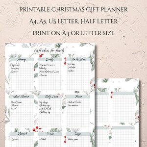 May include: Printable Christmas gift planner with a grid layout for family gift ideas. The planner includes sections for Mommy, Daddy, Uncle Adam, Aunt Monica, Baby Liam, Fiona, Patrick, Serena, and Tanga. The text includes "Print on A4 or Letter Size."