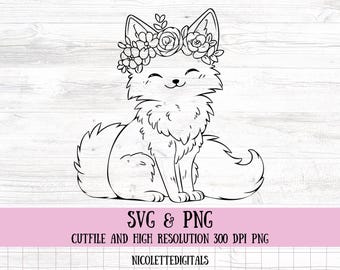 Fox with flowers drawing svg cutfile and png file from Woodland animals collection, nursery decor