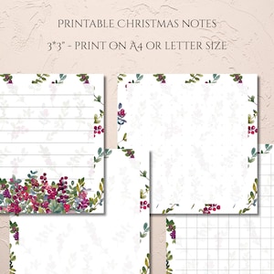 May include: Printable Christmas notes with floral and berry accents. The notes feature a white background with various designs, including lined, dotted, and grid patterns. The text "PRINTABLE CHRISTMAS NOTES" and "3*3" - PRINT ON A4 OR LETTER SIZE" is displayed.