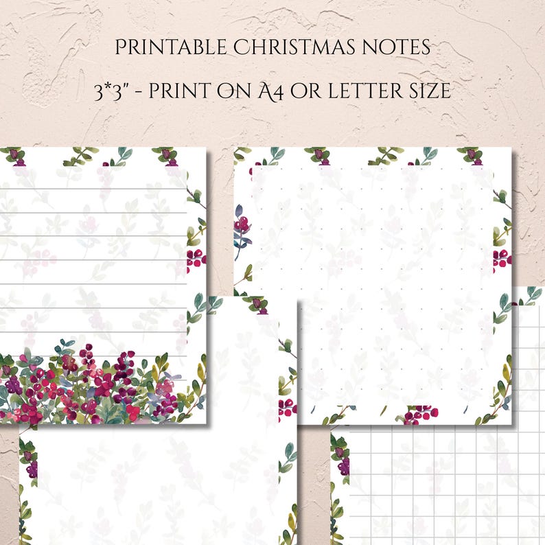 Winter Notes Pages Printable Notes With Watercolor Winter Berry, 8 Designs: Grid, Dots ...