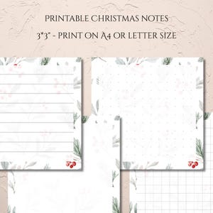 May include: Printable Christmas notes with a white background and a decorative border of green leaves and red berries. The notes are available in lined, dotted, and grid formats. The text at the top reads "PRINTABLE CHRISTMAS NOTES" and "3*3" - PRINT ON A4 OR LETTER SIZE".