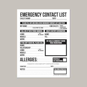 Emergency Contact Form for Nanny, Babysitter or Daycare: printable pdf sheet