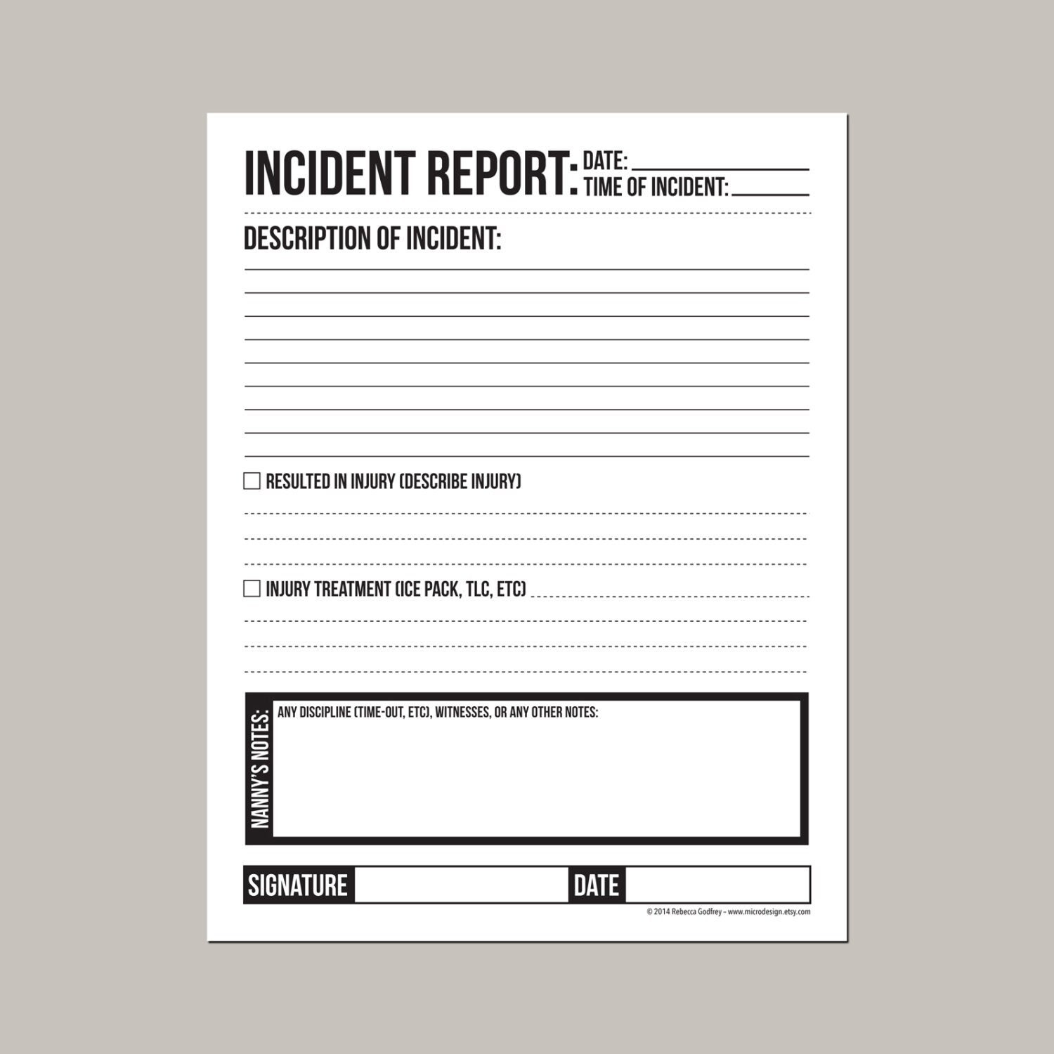 Incident Report for Nanny or Daycare Worker Etsy