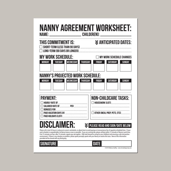 Nanny Agreement Worksheet: Printable Pdf Sheet - Etsy