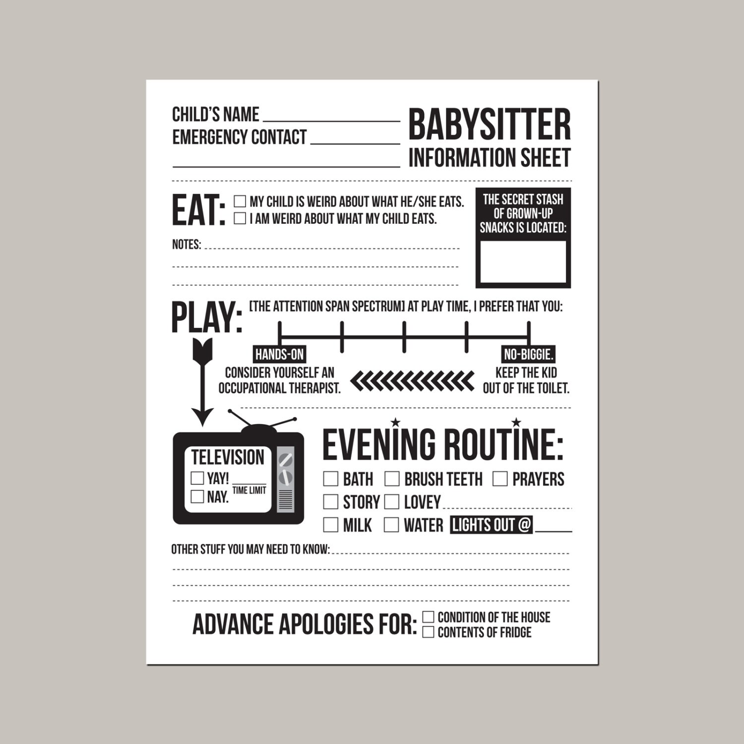 Instant downloadable babysitter information sheet Etsy