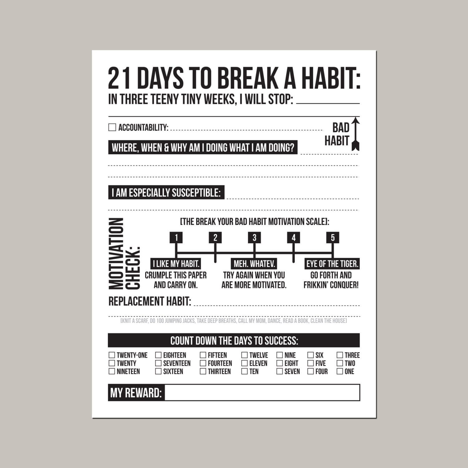 21 Days to Break a Bad Habit Printable Pdf Sheet Etsy