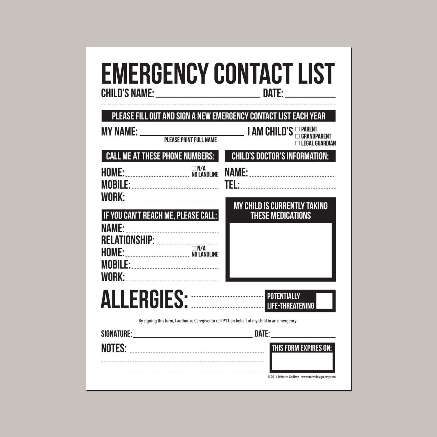 emergency-contact-form-for-nanny-babysitter-or-daycare-etsy