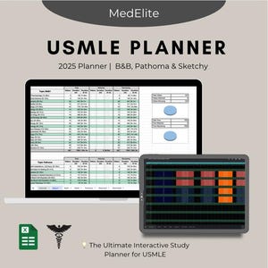 Puede incluir: Una pantalla de ordenador que muestra una hoja de cálculo con el título "USMLE PLANNER 2025 Planner | B&B, Pathoma & Sketchy". La hoja de cálculo está dividida en columnas con encabezados como "Tema", "Vídeos", "Duración total", "Vídeos vistos", "Restante", y "Tiempo total restante". Debajo de la hoja de cálculo hay un icono de bombilla con el texto "The Ultimate Interactive Study Planner for USMLE".