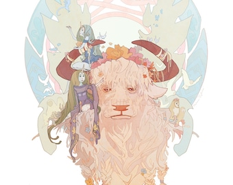 Spring Bull & Unicorn Maidens - A fairy tale fantasy art print