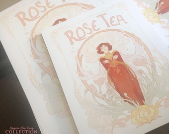 Rose Tea - Elegant Tea Lady - art nouveau illustration print