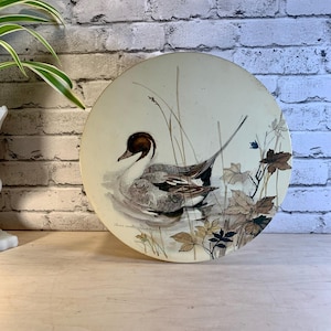May include: Round, vintage decorative plate featuring a painted duck in a pond with reeds and leaves. The duck has a brown head, gray and white body, and is surrounded by muted colors. The plate has a cream-colored background.