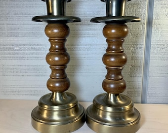 Vintage Wood and Brass Candle Stick Holders, Pillar candle stick holders, MCM, Granny Core, Cottage Core, Centerpiece, Farmhouse