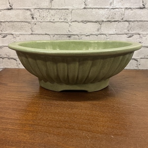 May include: A light green ceramic planter with a fluted design. The oval-shaped bowl sits on a low base and has a wide rim. The planter is suitable for indoor or outdoor use.