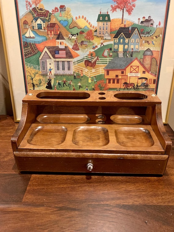 Vintage Men's Wooden Dresser Valet Desk Top Organizer With Drawer, Men's Jewelry Box, Gift for Dad, Desk Top Wood Secretary, MCM Wood Tray