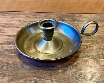 Vintage Brass Chamber Stick Candle Holder with Finger Loop & Drip Tray, Farmhouse, Cottage Core, Granny Decor, Vintage Home Decor