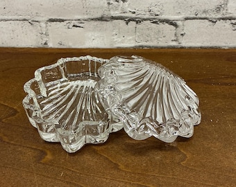 Vintage glass seash dresser, powder, or trinket jar with a lid. . Cottage Core, Granny Decor, Farmhouse, Host Gift, Vintage Home Decor