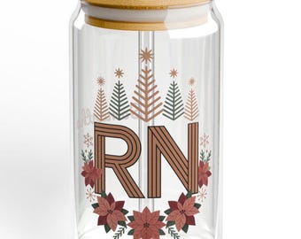 Custom Christmas Nurse Glass Cup, Personalized RN Iced Coffee Tumbler with Straw, Christmas Gift for Nurses, Team Nurse Gift, Boho nurse