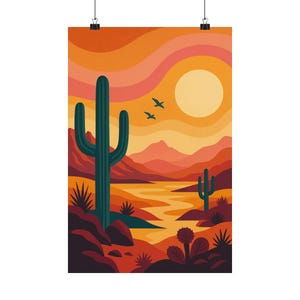 Póster vertical de atardecer en el desierto retro con un toque melancólico, arte mural bohemio desértico, decoración de cactus, tapices del suroeste, decoración del hogar en el desierto de Arizona, México