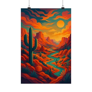 Póster vertical de atardecer en el desierto retro con un toque melancólico, arte mural bohemio desértico, decoración de cactus, tapices del suroeste, decoración del hogar en el desierto de Arizona, México