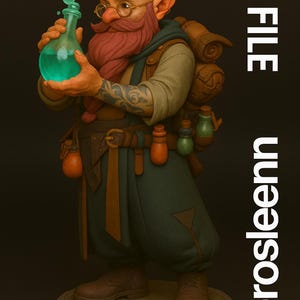 May include: A 3D-rendered fantasy figure of a dwarf holding a glowing green potion bottle. The dwarf has a red beard, glasses, and is wearing a tunic and pants. The image includes the text "zer0sleep3D" and "STL FILE".