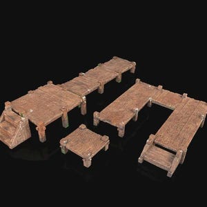 May include: A collection of miniature wooden dock sections featuring weathered brown planks, support posts, and integrated staircases. The set includes various modular platform shapes, including a square piece, a long walkway, and a U-shaped dock.
