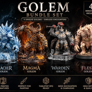4 Unique Golem Miniatures Bundle: Glacier, Magma, Warden, Flesh RPG Set