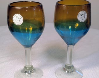 Copas de vino y agua mexicanas, azul cobalto, turquesa y ámbar, sopladas a mano, lote de 2