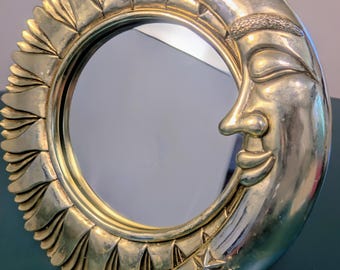 Vintage 90s Crescent Moon Face Picture Frame Mirror silver Celestial Lunar 8in