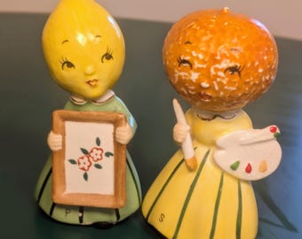 Napco 1950s Anthropomorphic Salt Pepper Shakers~Orange & Lemon Head Art Friends