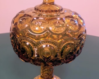 Vintage Moon & Stars 9 3/4” Amber Compote Candy Jar Lidded L.E. Smith Chips
