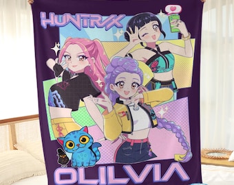 Personalized Name Huntrix Girls Blanket, Kpop Demon Hunter Blanket, Flannel Kids Name Blanket, Mira Zoey Rumi Blanket Gift for Kid.