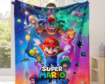 Super Mario Galaxy Movie Poster Blanket, Personalized Mario and Friends Gaming Gift, Custom Mario Throw Blanket, Mario Room Decor