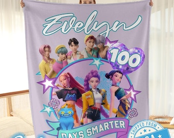 100 Days Smarter K-Pop Blanket, 100 Days of School Demon Hunters Saja Boys & Girls Bands, Custom Name Personalized Gift.