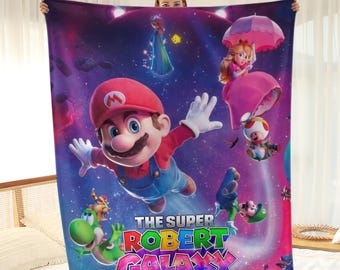 Super Mario Galaxy Movie Poster Blanket, Personalized Mario and Friends Gaming Gift, Custom Mario Throw Blanket, Mario Room Decor